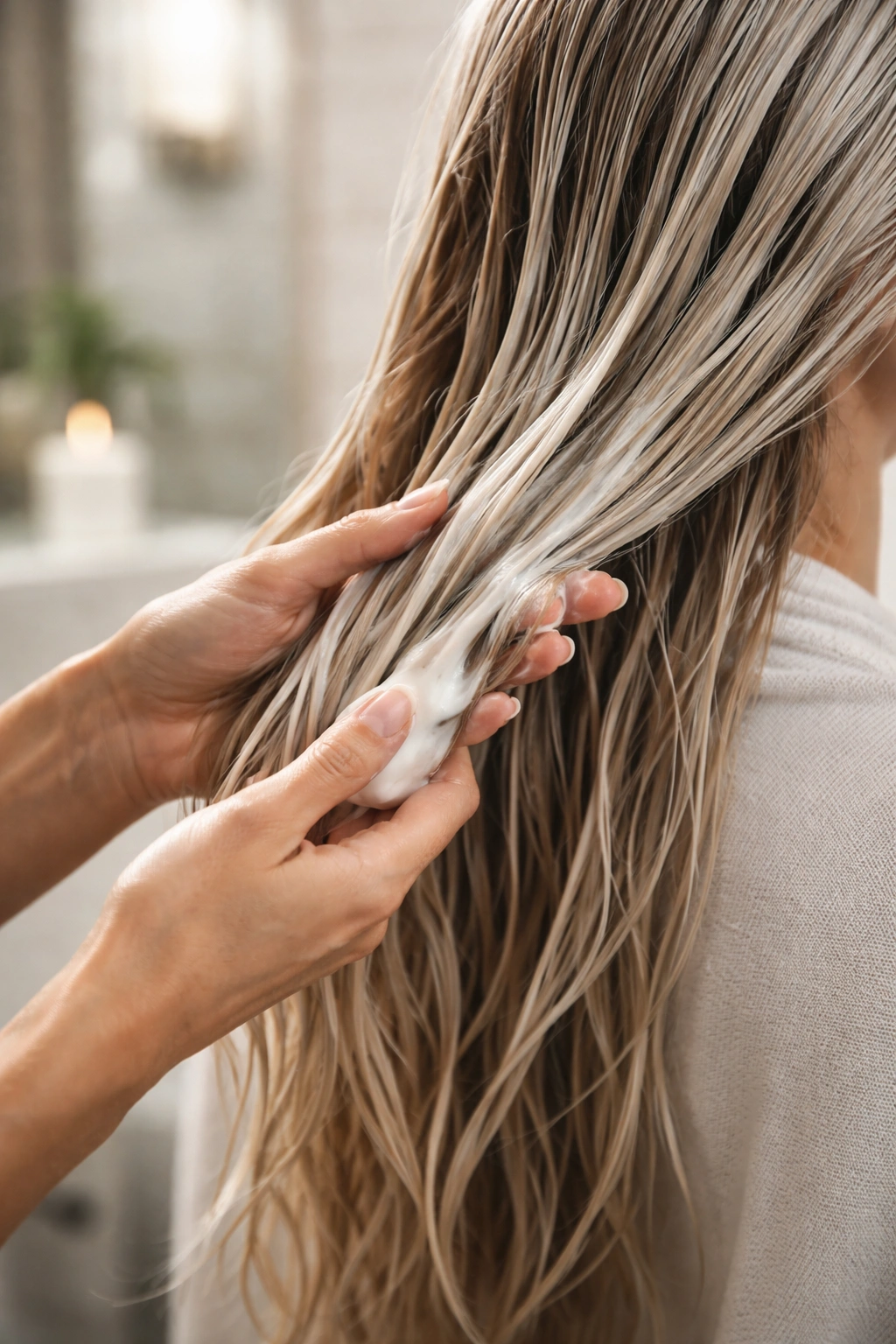 Hands applying conditioner to mid-length hair in a bathroom for maintenance routine.