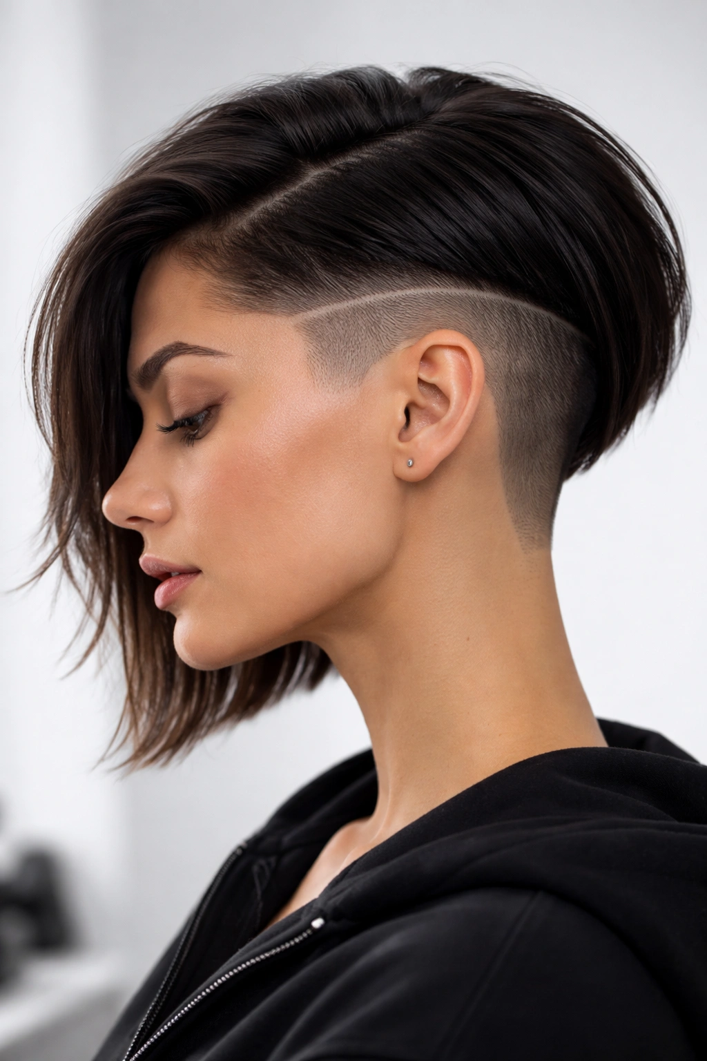 10 Shaved Bob Haircuts With An Effortless Edge 12 Close-up of hair with crisp shaved sections for maintenance