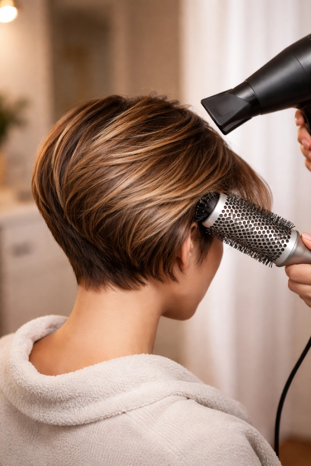 Close-up of chic short haircut being styled with round brush and dryer to maintain shape between salon visits