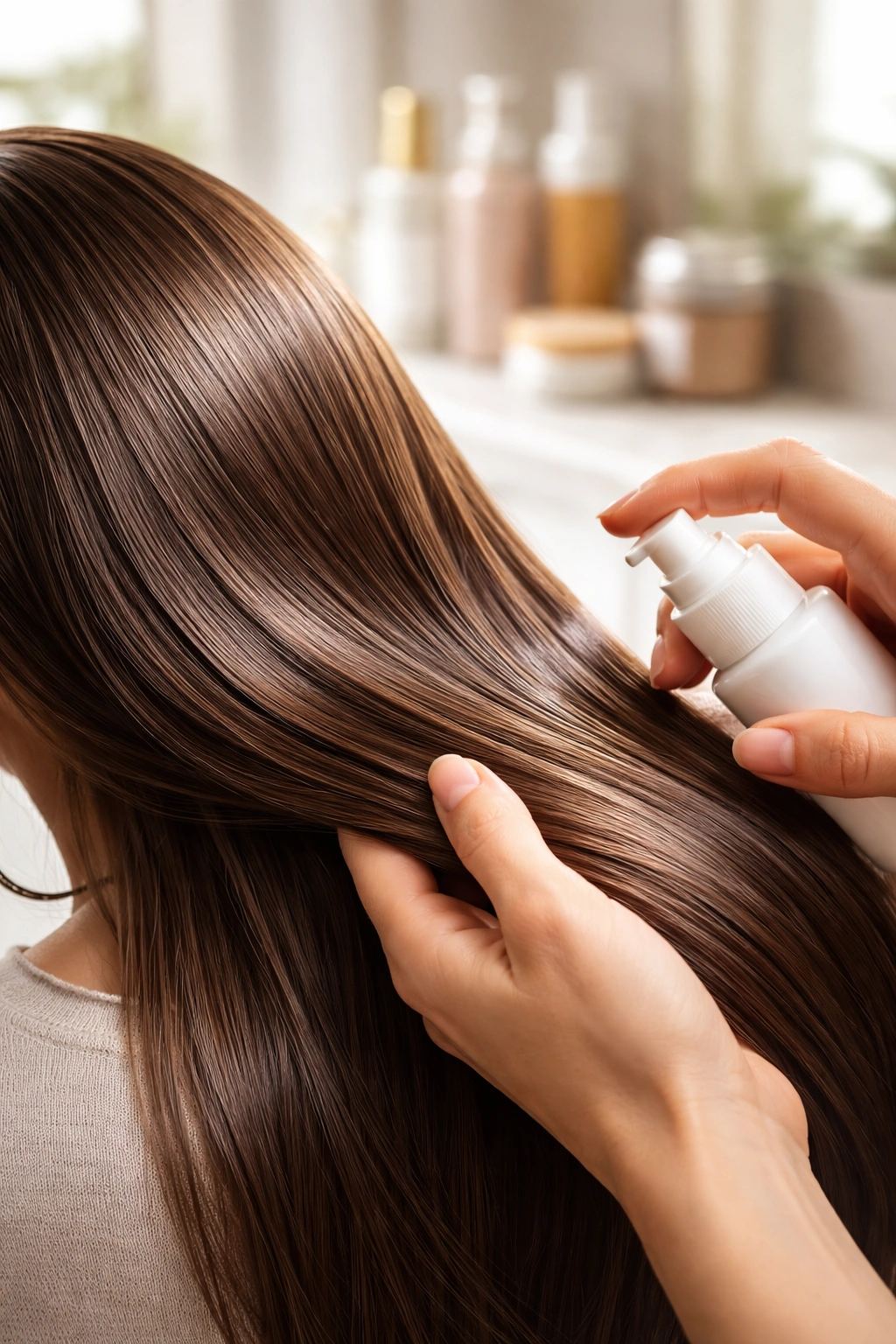Close-up of hand applying styling product to sleek hair from an unlabeled bottle