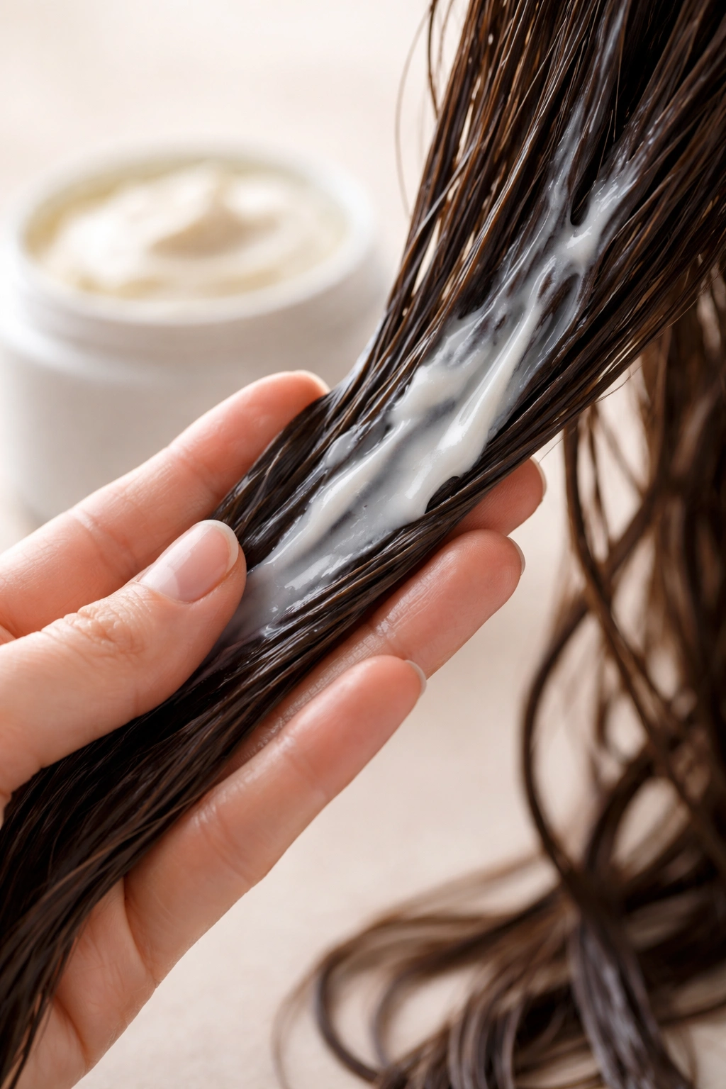 Hand applying hair mask to strand with conditioner jar in background