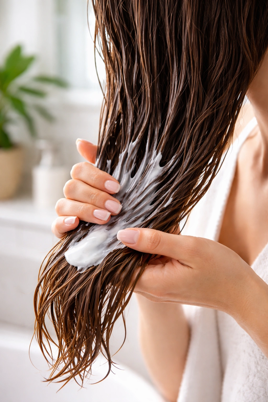 Hand applying hair mask to damp hair mid-lengths and ends