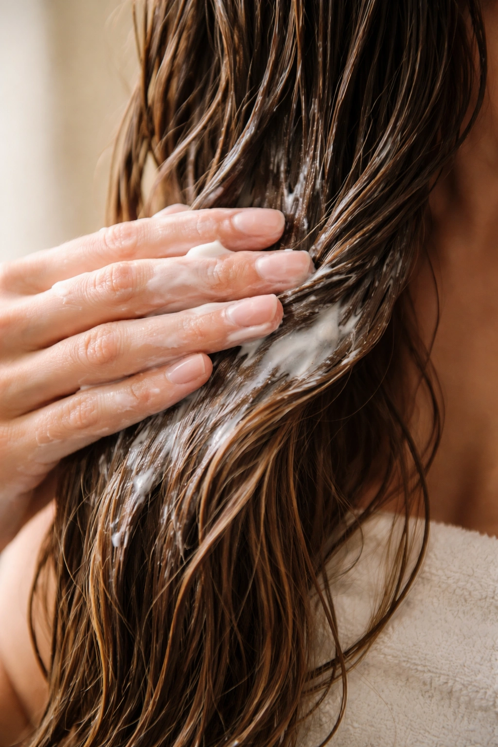 Hair mask on hand being applied to hair