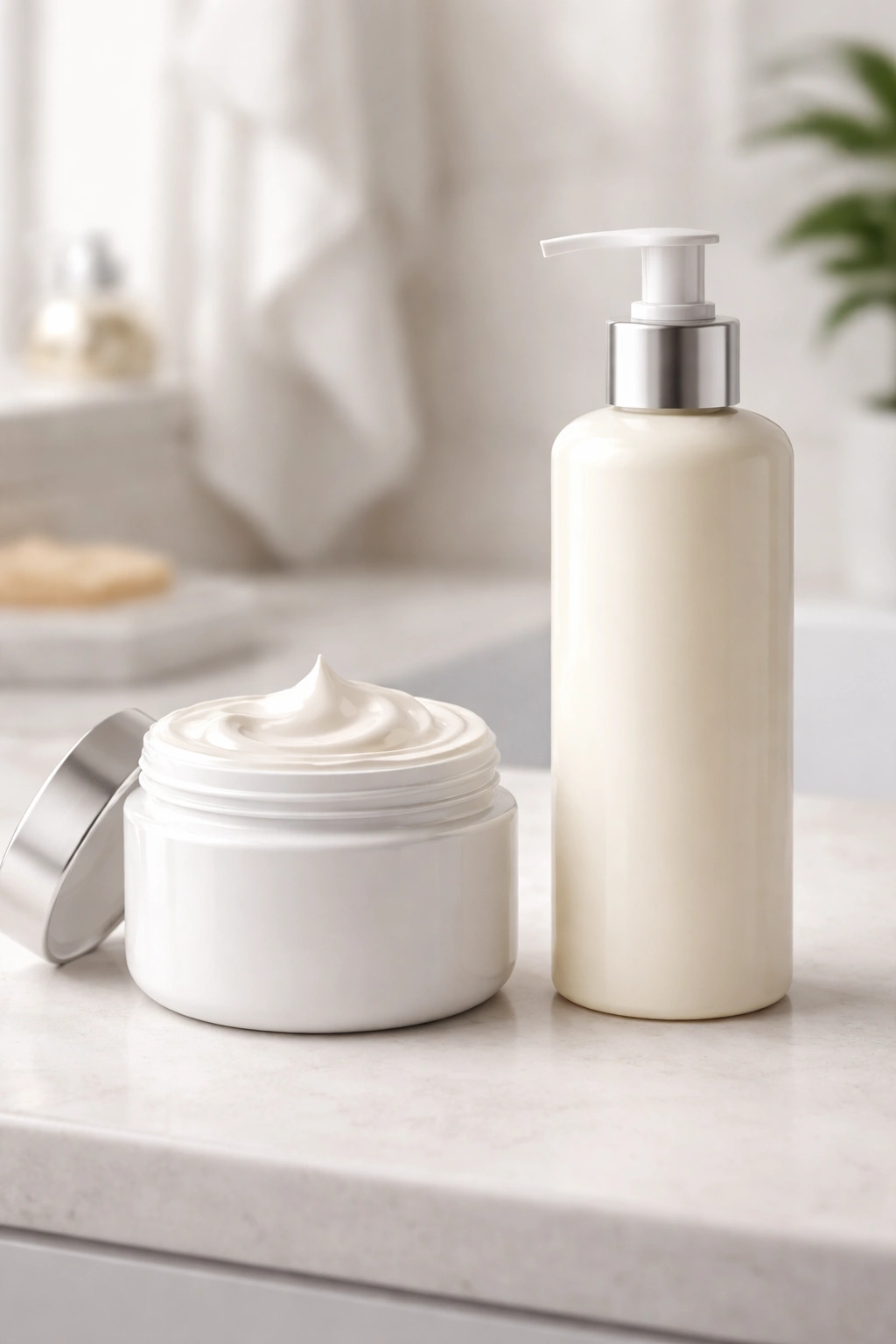 Close-up of hair mask and conditioner bottles on a clean bathroom counter