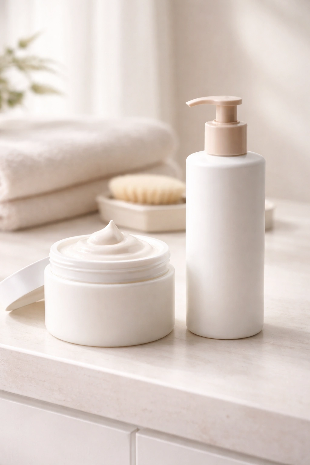 Hair mask and conditioner on a bathroom shelf representing routine frequency