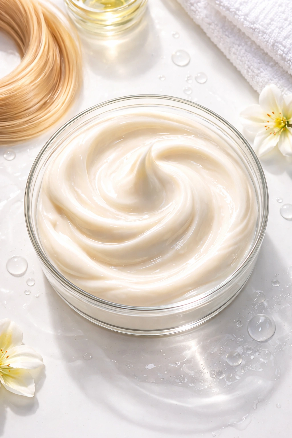Glossy swirl of hair mask emphasizing moisture and shine
