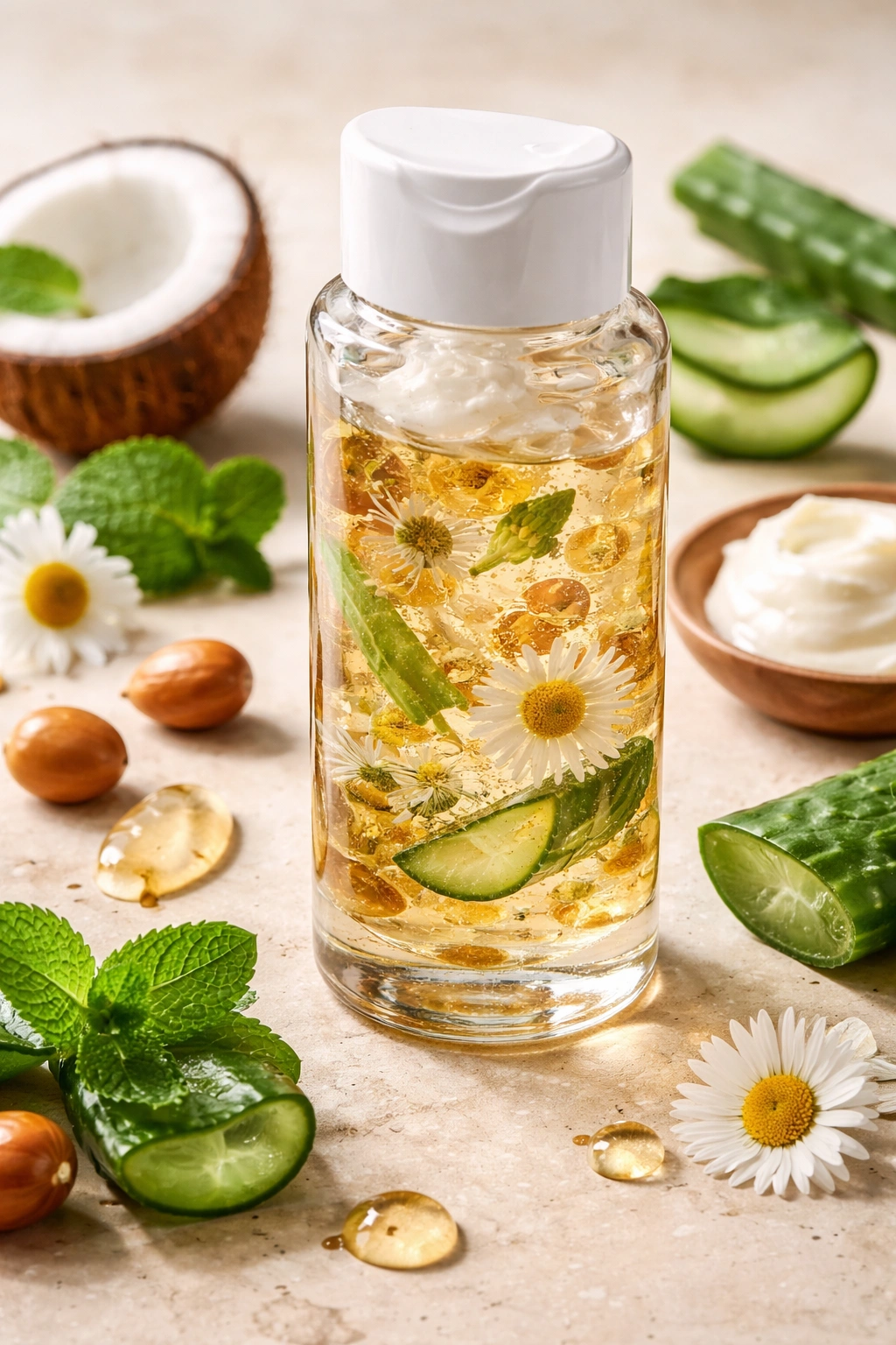 Macro shot of a hair mask bottle showing oil contents to indicate key ingredients
