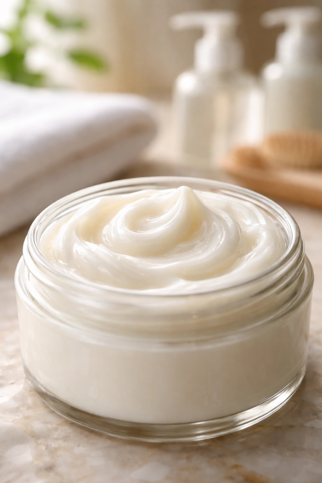 Close-up of thick creamy hair mask in glass jar on bathroom counter