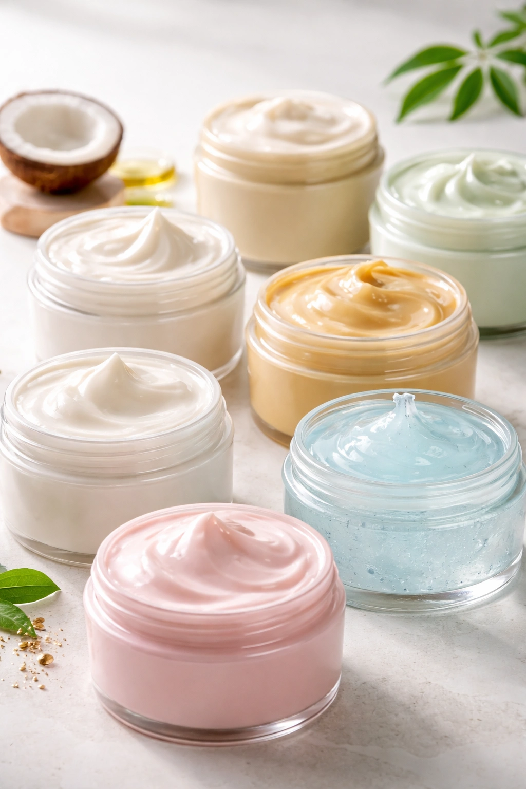 Close-up of unlabeled hair mask jars showing different textures on a light surface