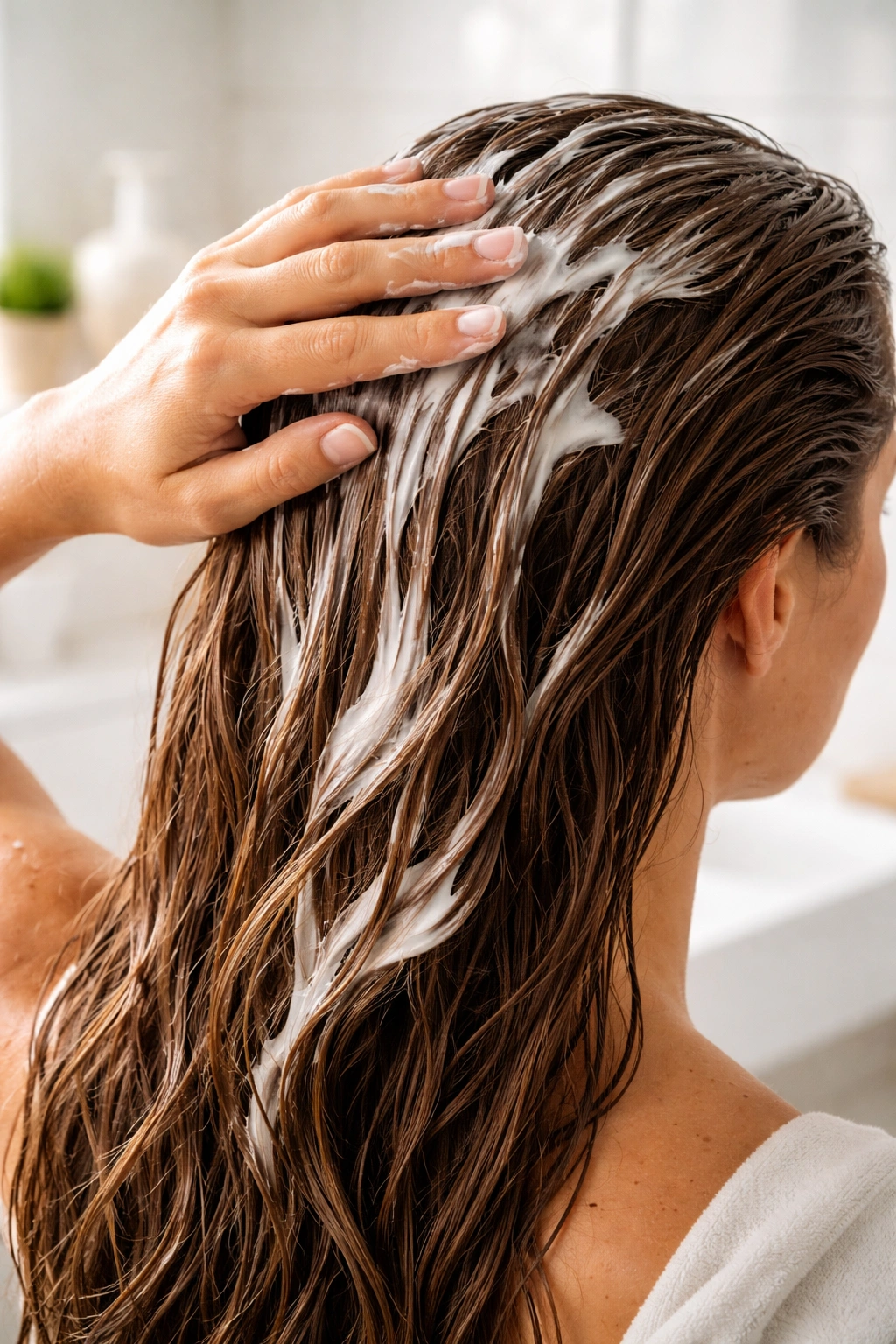 Hand applying hair mask to scalp; common mistake depiction