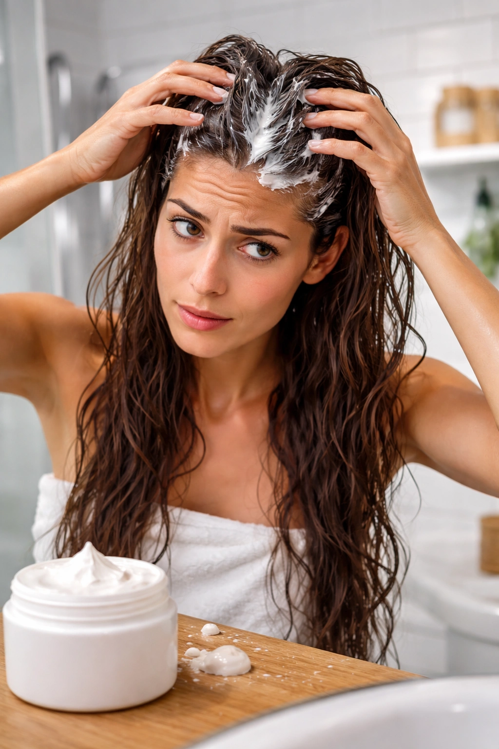 Person applying hair mask to roots, illustrating a common mistake