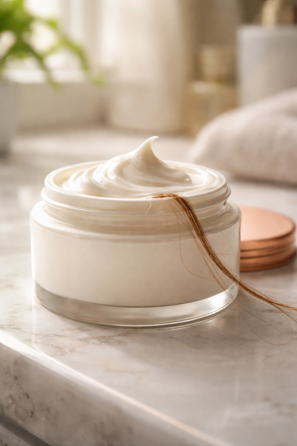 Close-up of an open hair mask jar with product at rim and hair strand on counter, illustrating common hair mask mistakes