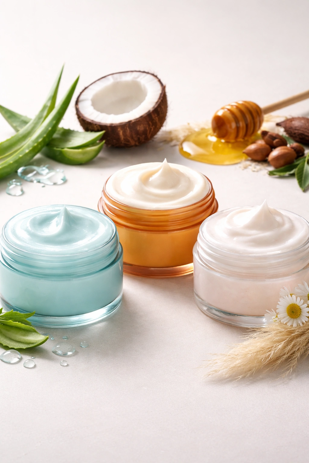 Three hair mask jars representing moisture, strength, and volume