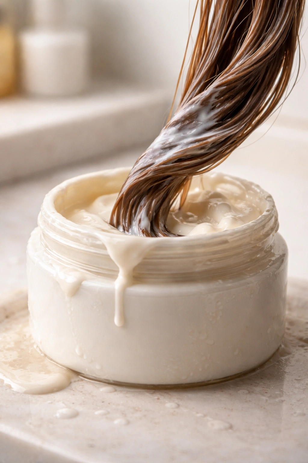 Close-up of hair mask jar with product pooled around rim and coated hair strand, indicating product overload
