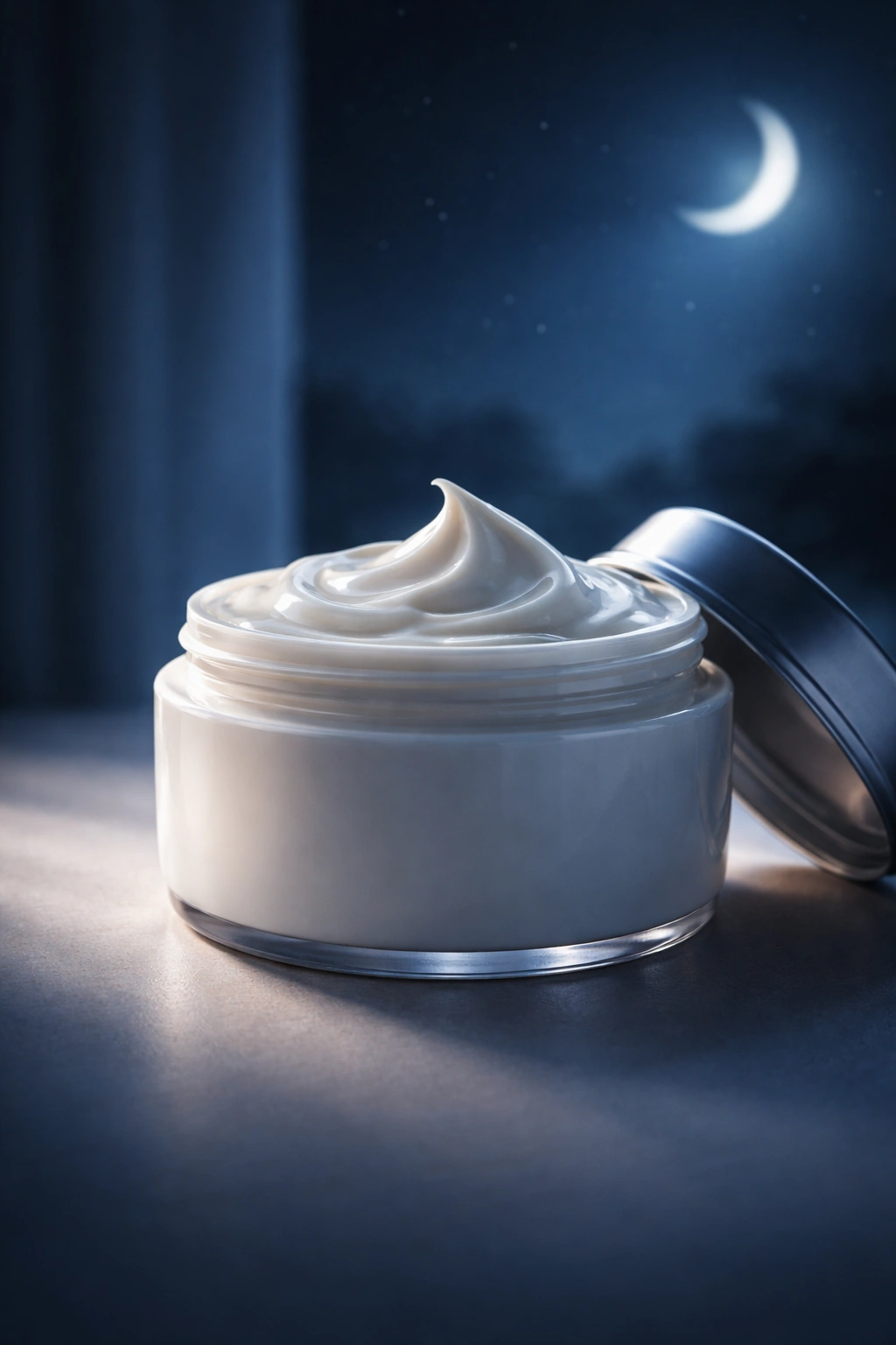 Close-up of a hair mask jar on a dark surface with night-time lighting