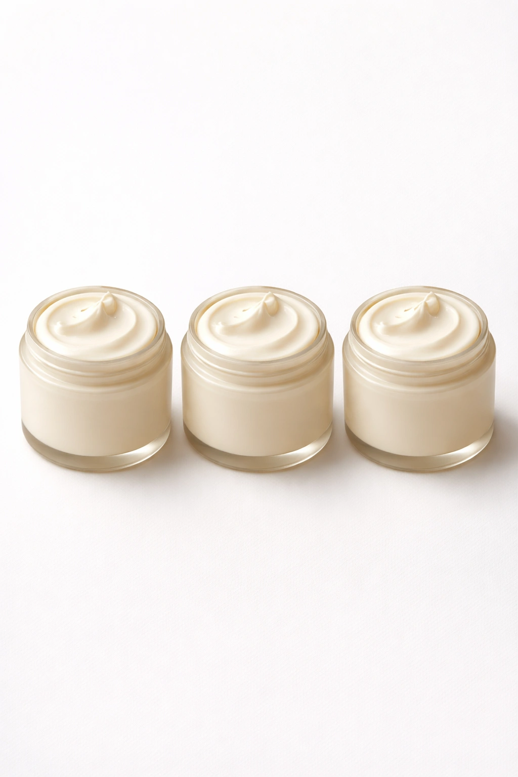 Three identical hair mask jars in a row on a white surface