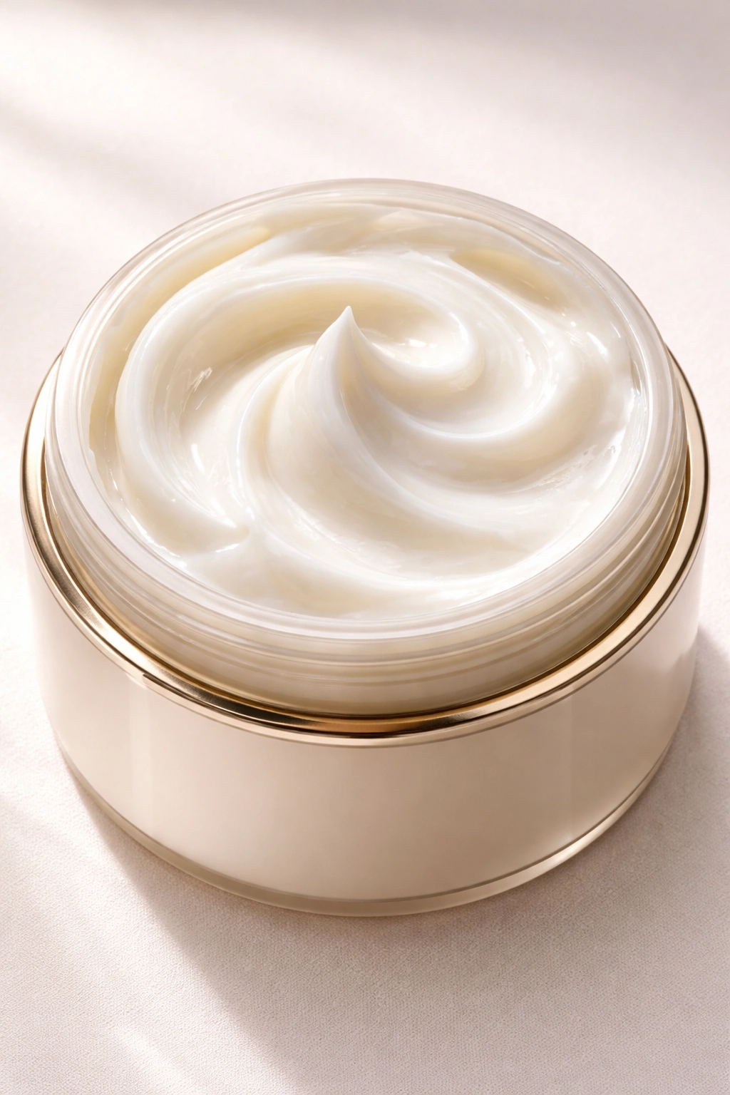 Close-up of glossy hair mask cream in a jar on a neutral background