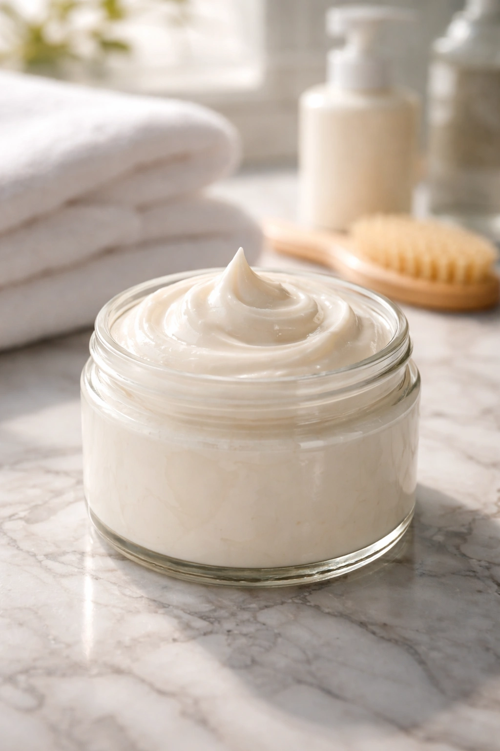 Close-up of thick creamy hair mask in a glass jar on a marble bathroom surface