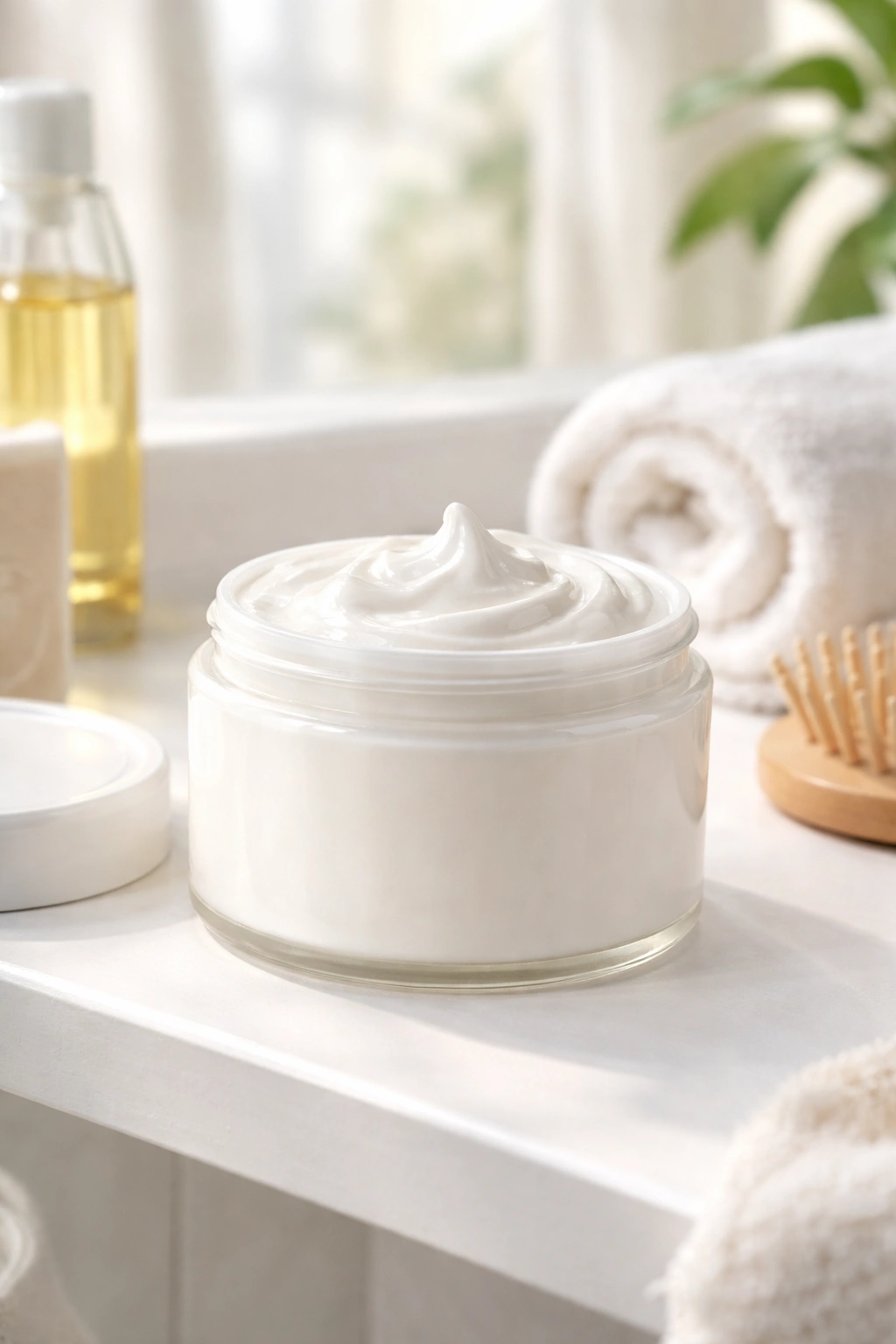 Hair mask container on a bathroom shelf bathed in soft light