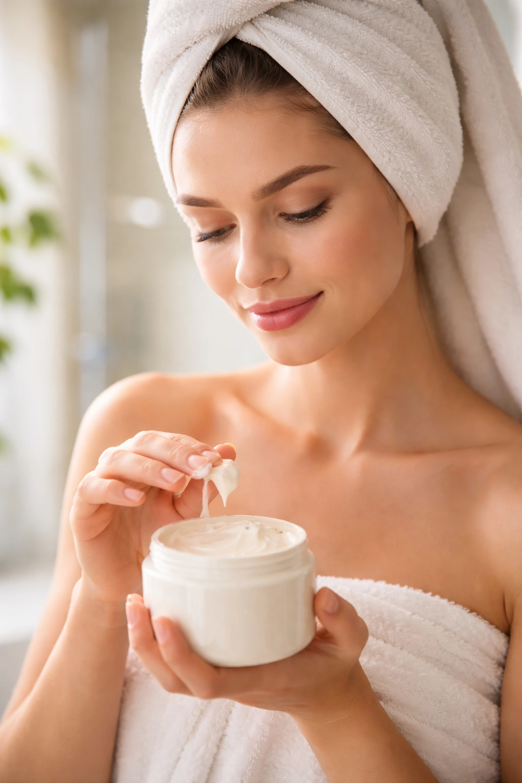 Close-up of person applying hair mask with a warm towel on head in bright bathroom