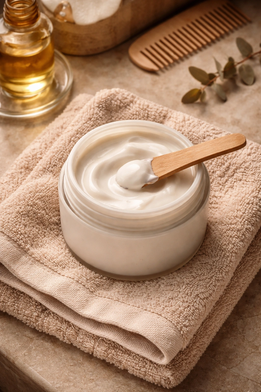 Hair mask jar and spatula on towel for weekly treatments