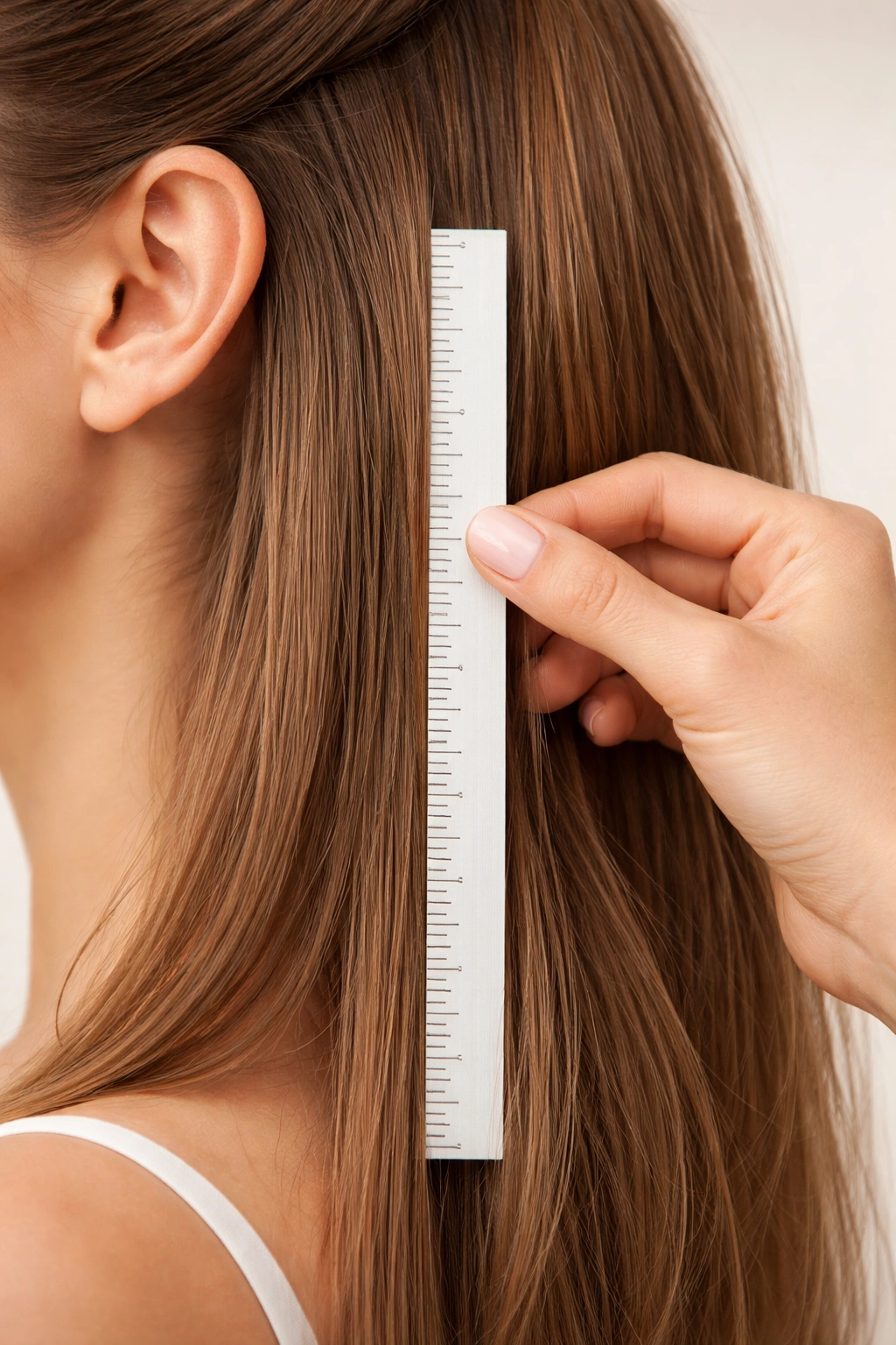 Close-up of hair being measured with a tick-mark ruler near the ear for extension length