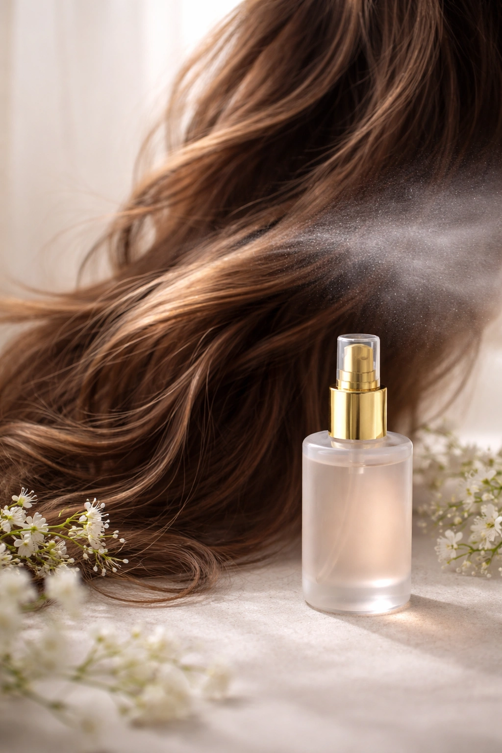 Hair strands with a light mist around them and a bottle