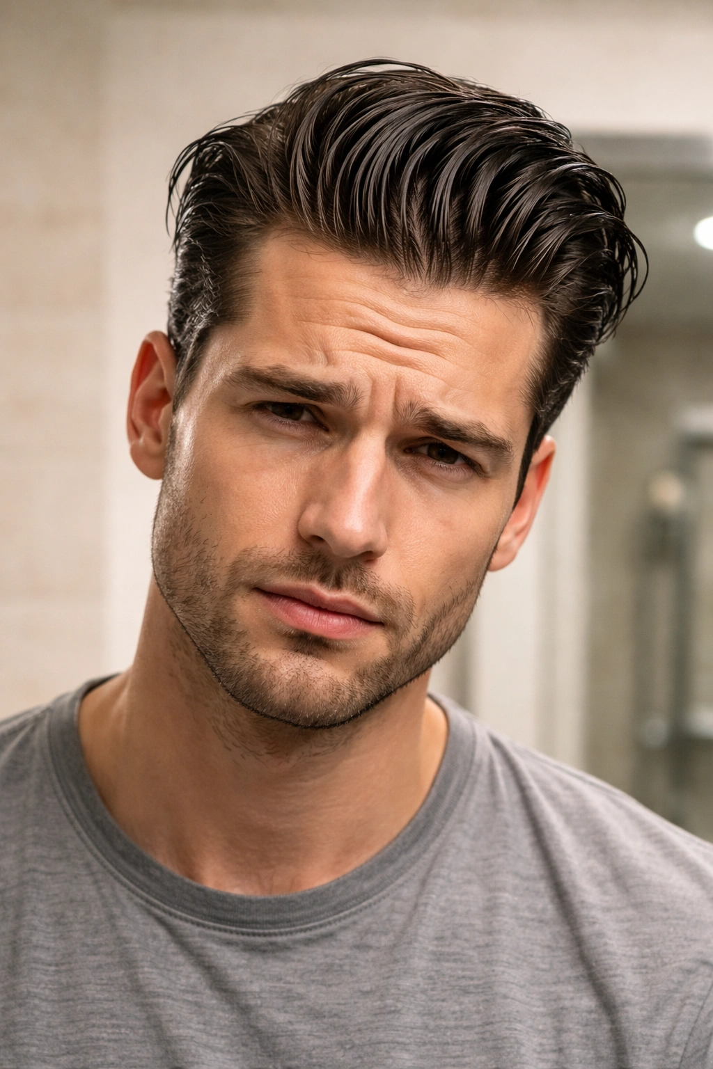 Close-up of greasy weighed-down hair due to too much product