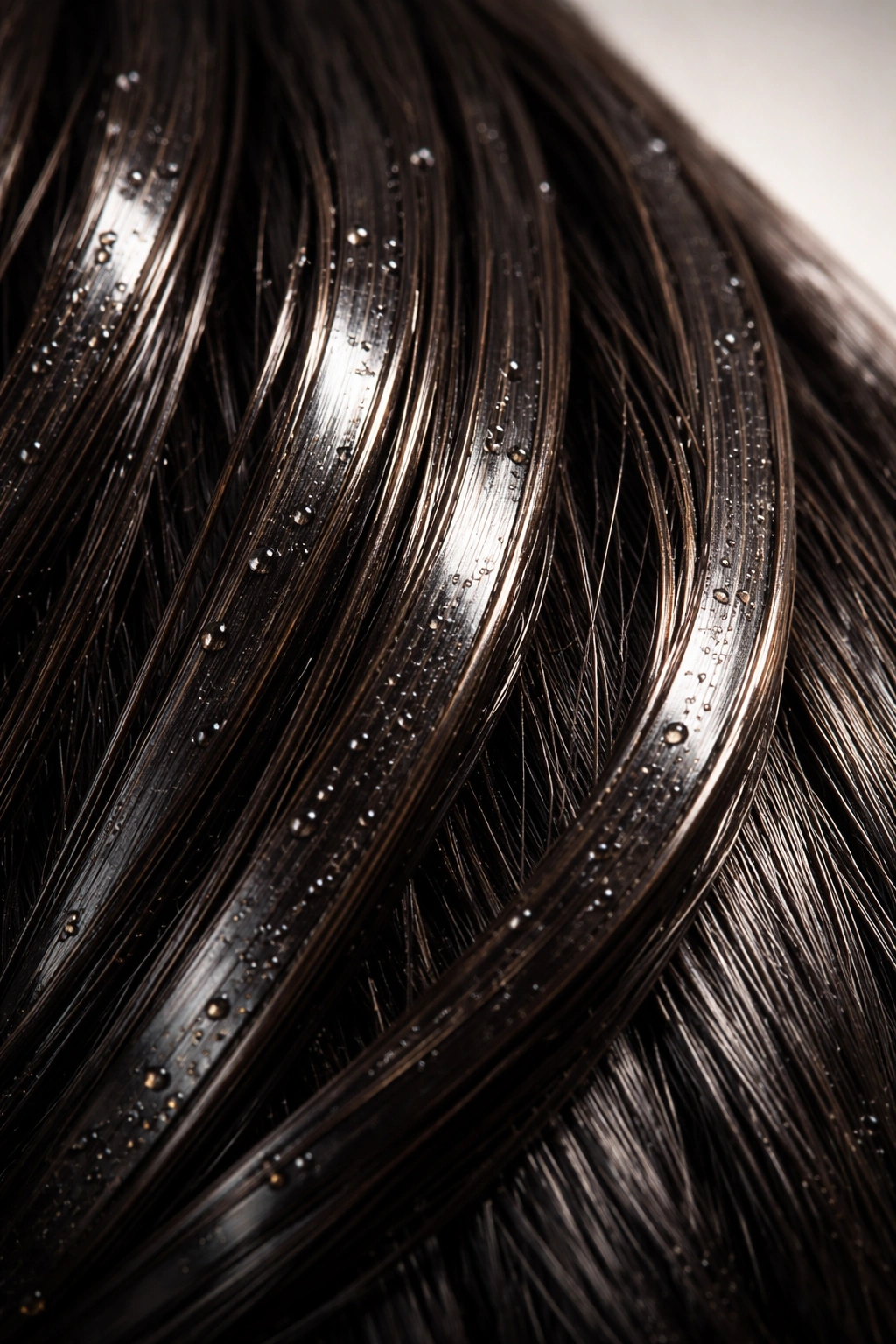 Damp dark hair close-up with glossy surface showing barrier