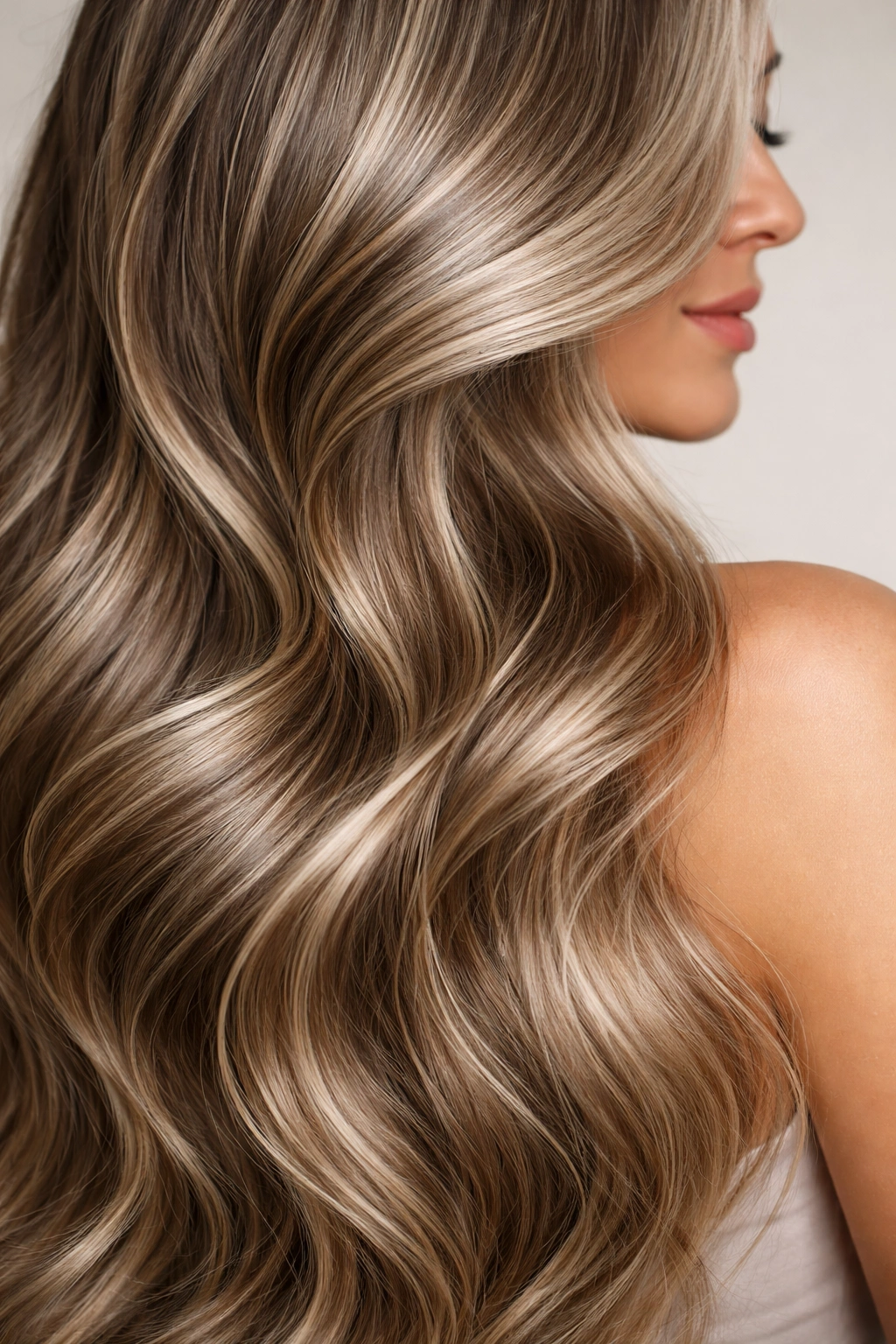 Close-up of hydrated, shiny long hair with smooth texture.
