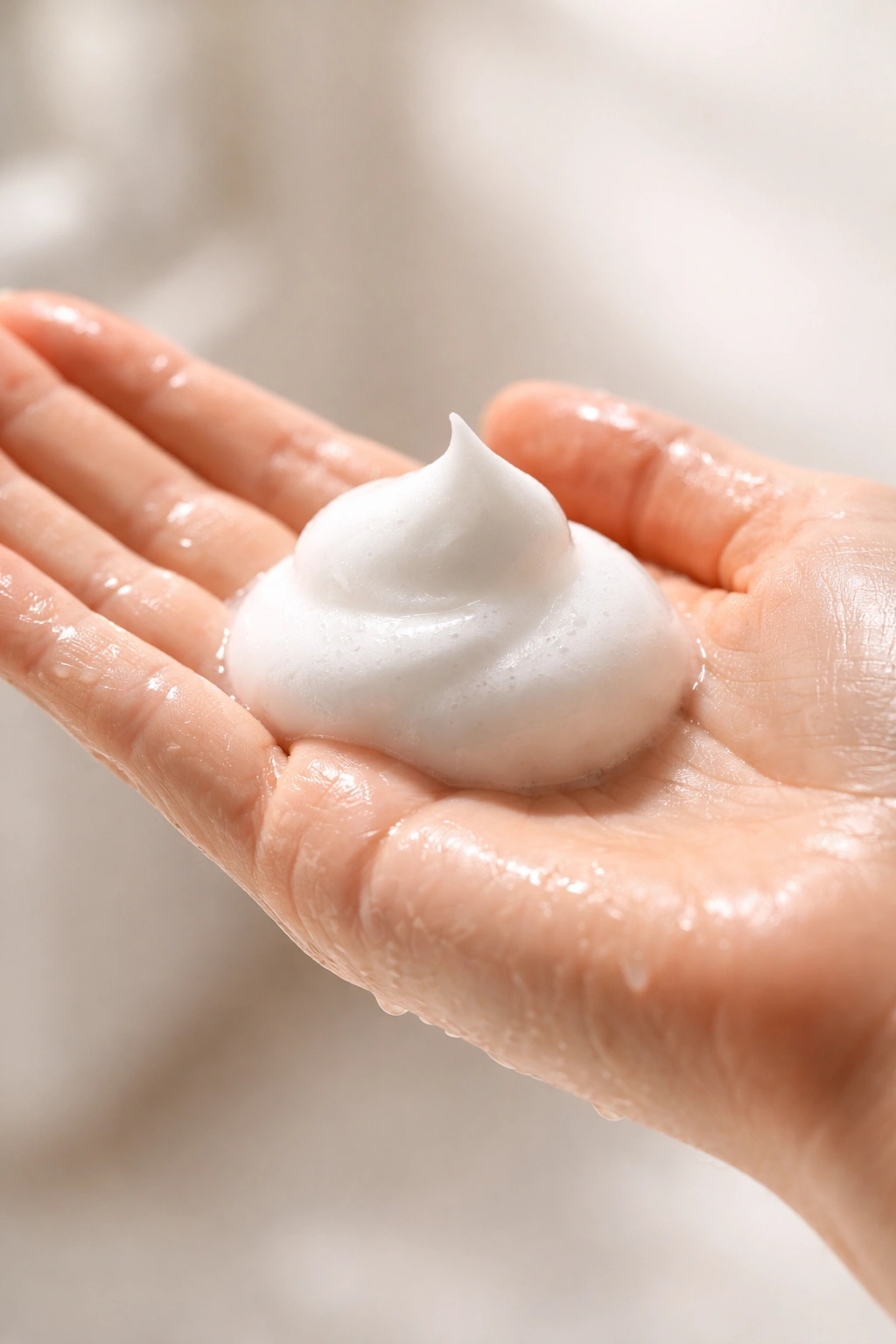 Damp hand holding mousse foam to indicate the right timing for use
