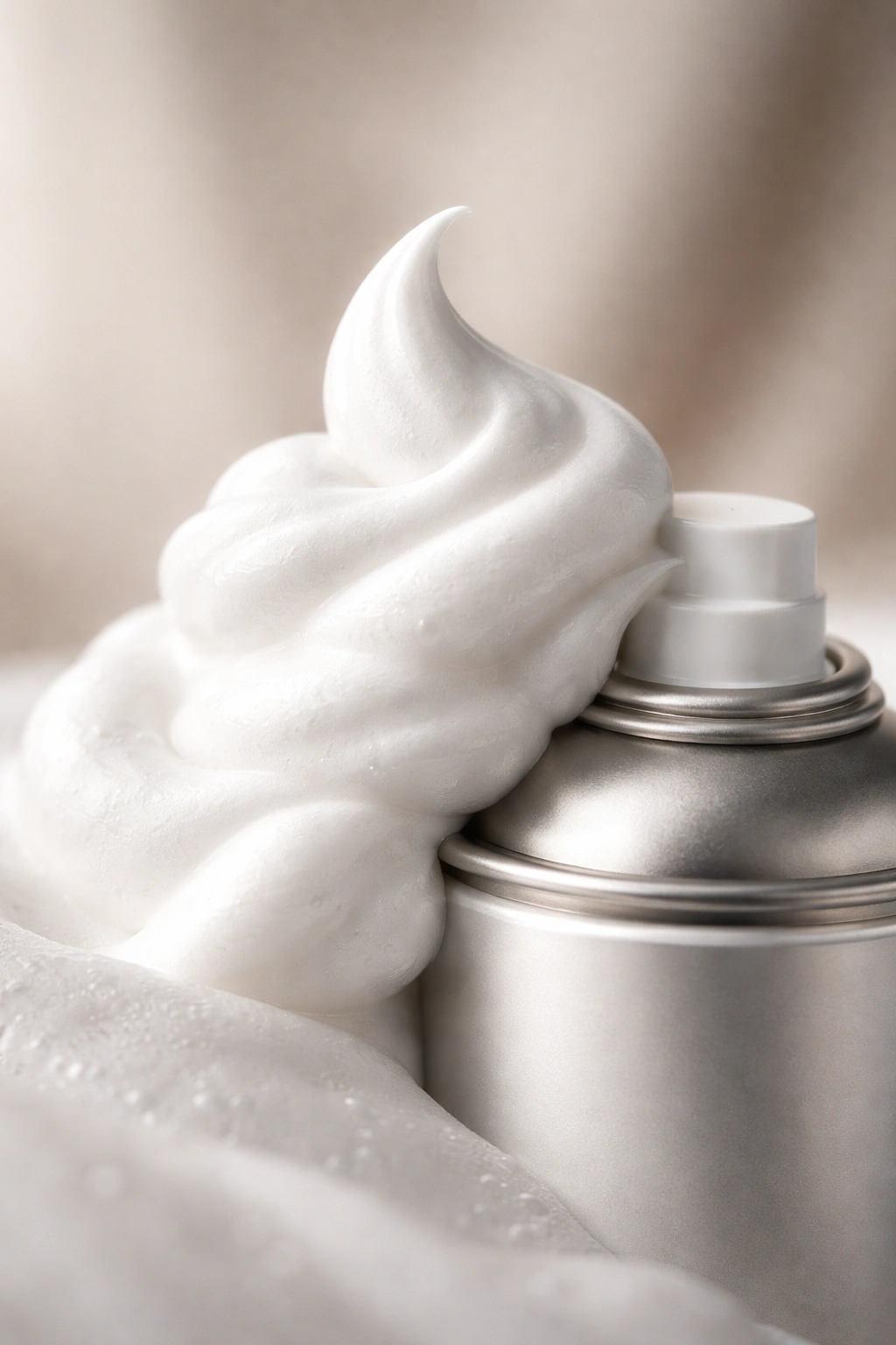 Close-up of airy foam from a hair mousse can, showing light texture