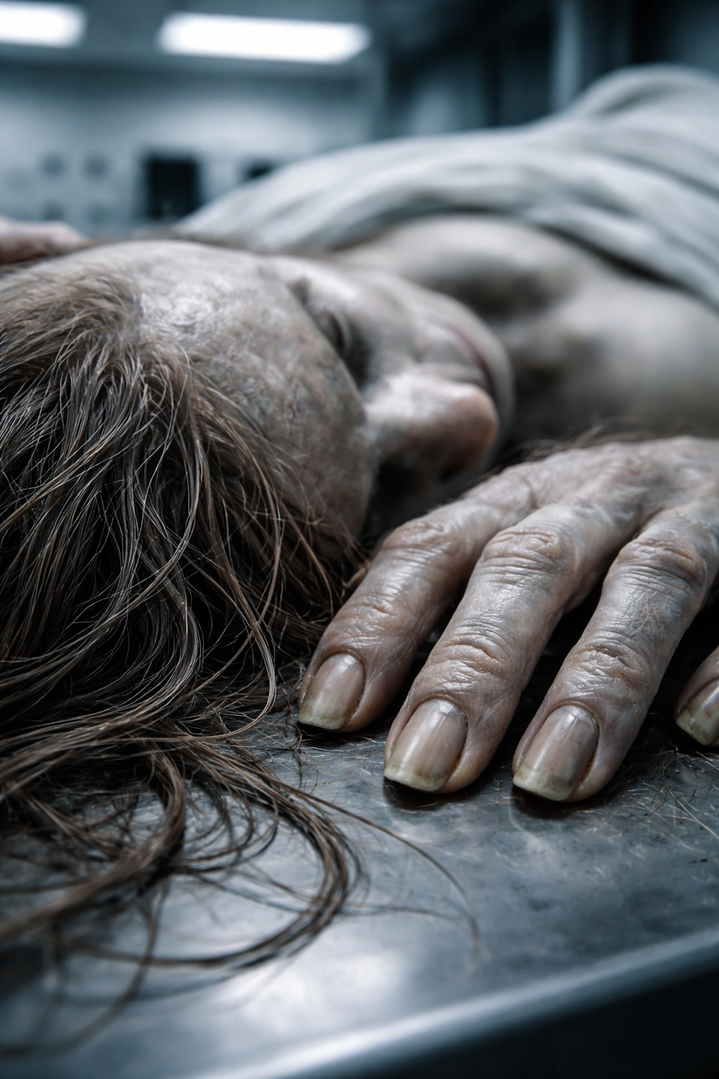 Macro close-up of hair and fingernails showing postmortem changes