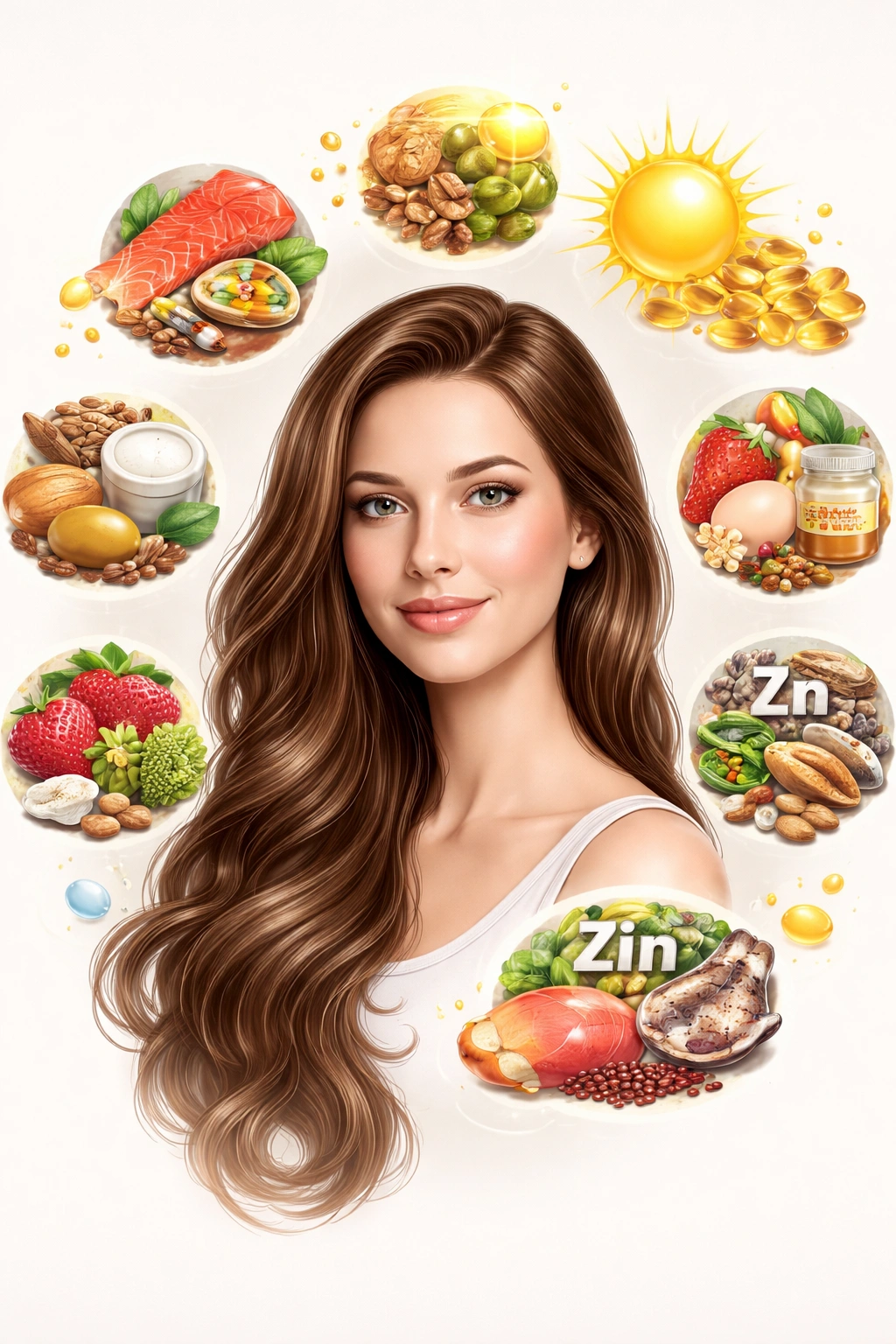 Head with hair surrounded by nutrient shapes illustrating hair-supporting nutrients