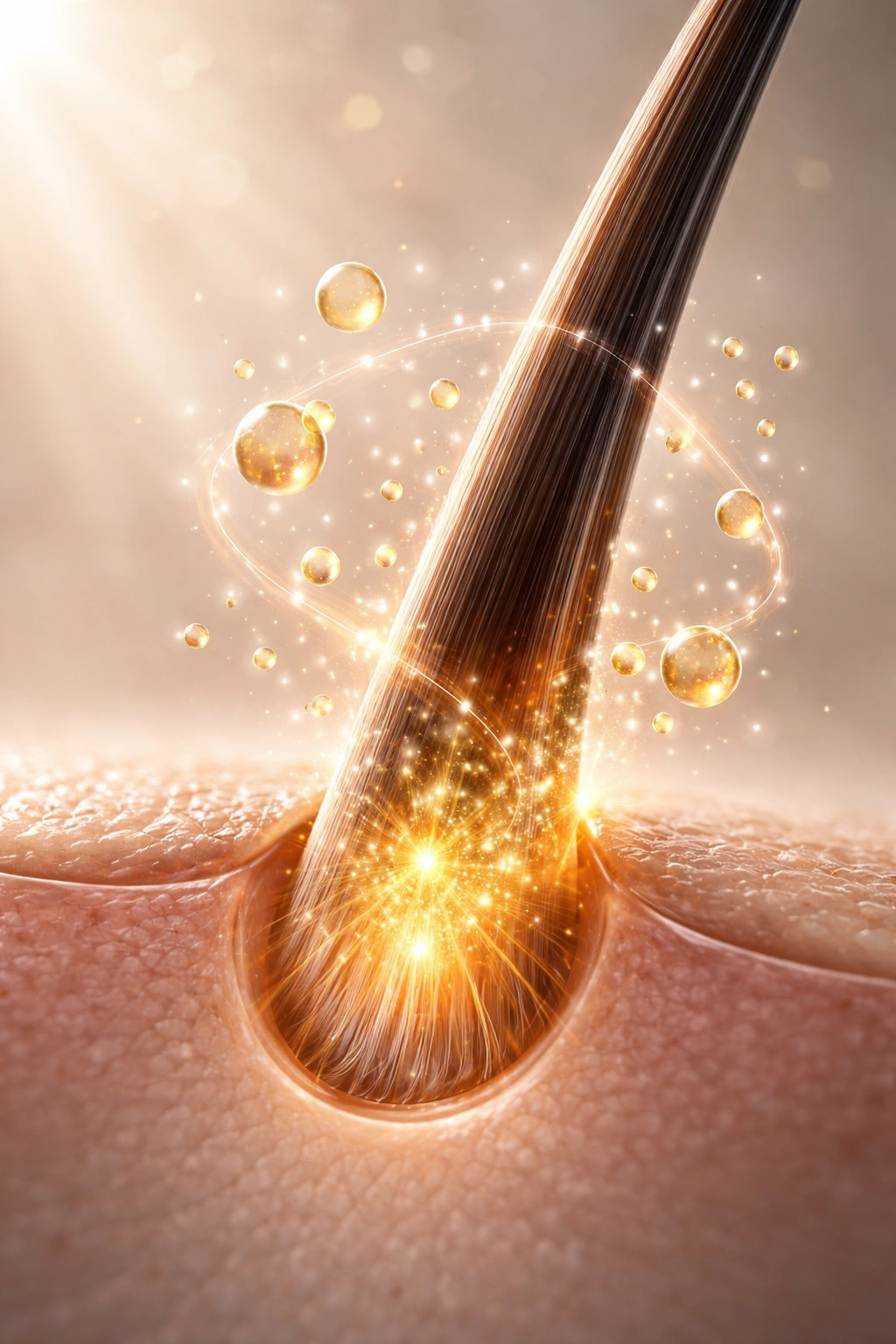 Hair strand with nutrient particles symbolizing nutrition