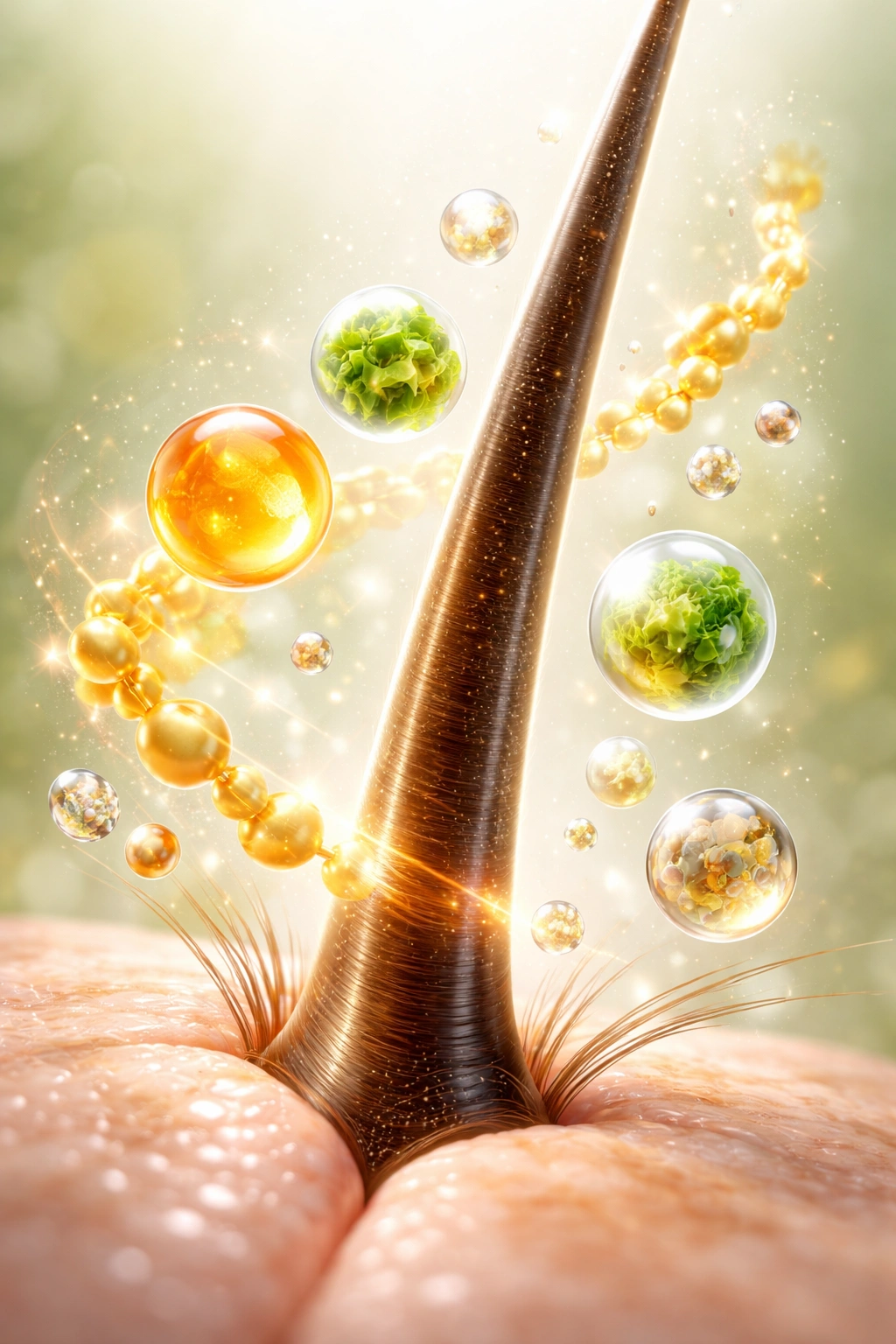 Hair strand with abstract nutrient particles on green background