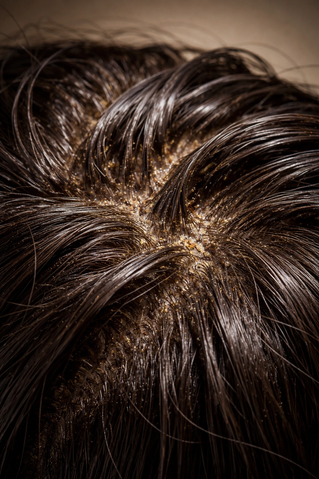 Close-up of oily scalp and hair showing buildup that can cause odor