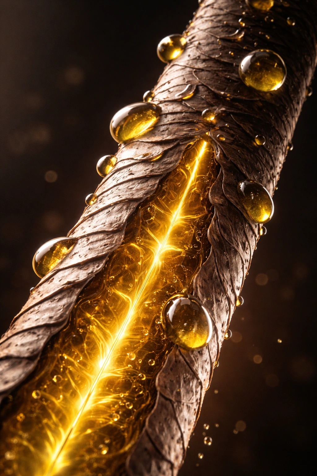 Macro close-up of hair shaft cuticles showing oil absorption and surface sealing