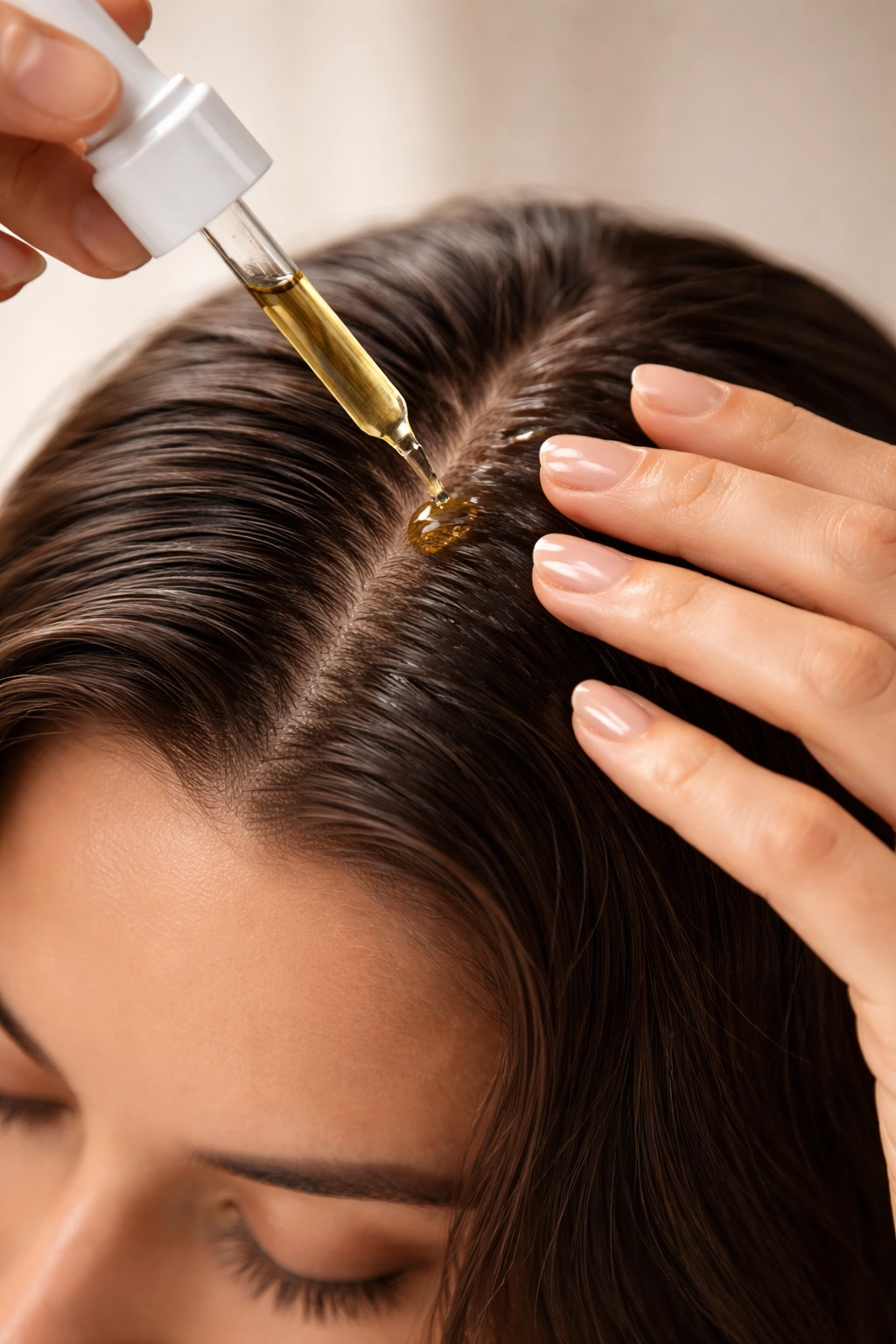 Hand applying hair oil to scalp in circular massage motion