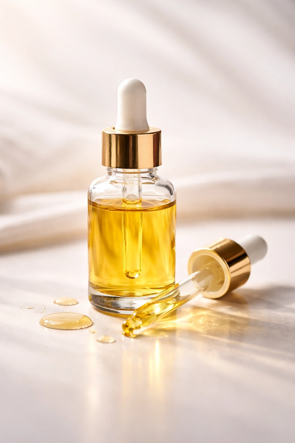 Dropper bottle of hair oil with droplets on a clean surface
