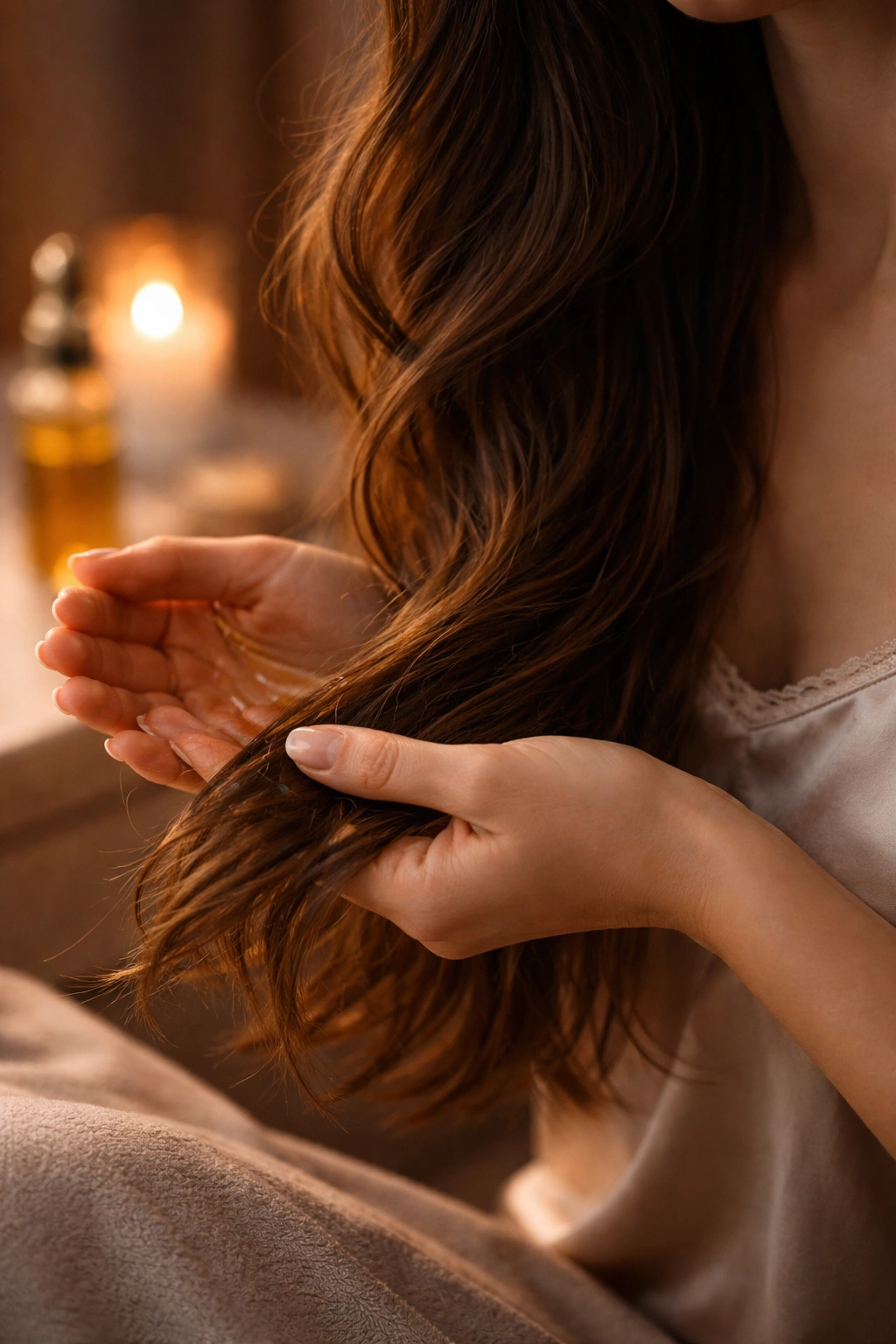 Hands applying hair oil to the ends before bed