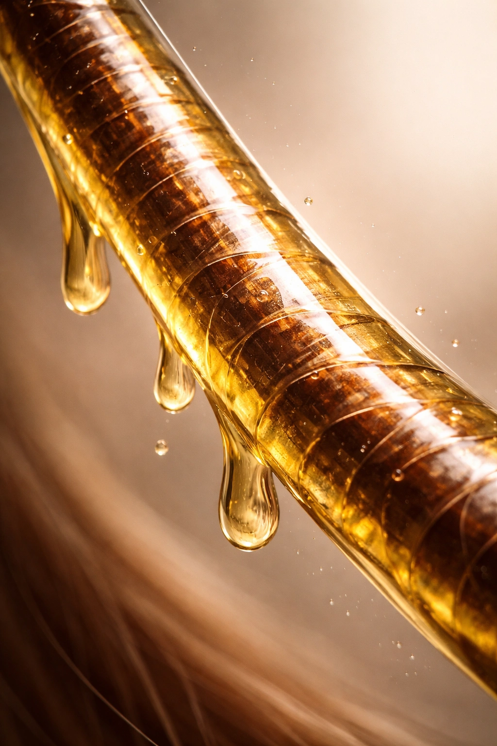 Macro hair strand with oil penetrating the cuticle for hair care