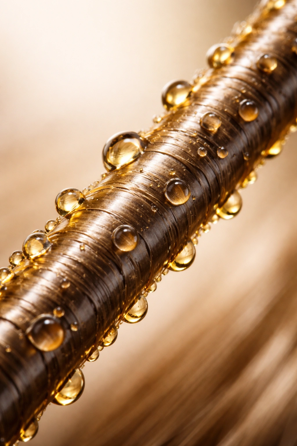 Close up of glossy hair strand with oil sealing the cuticle