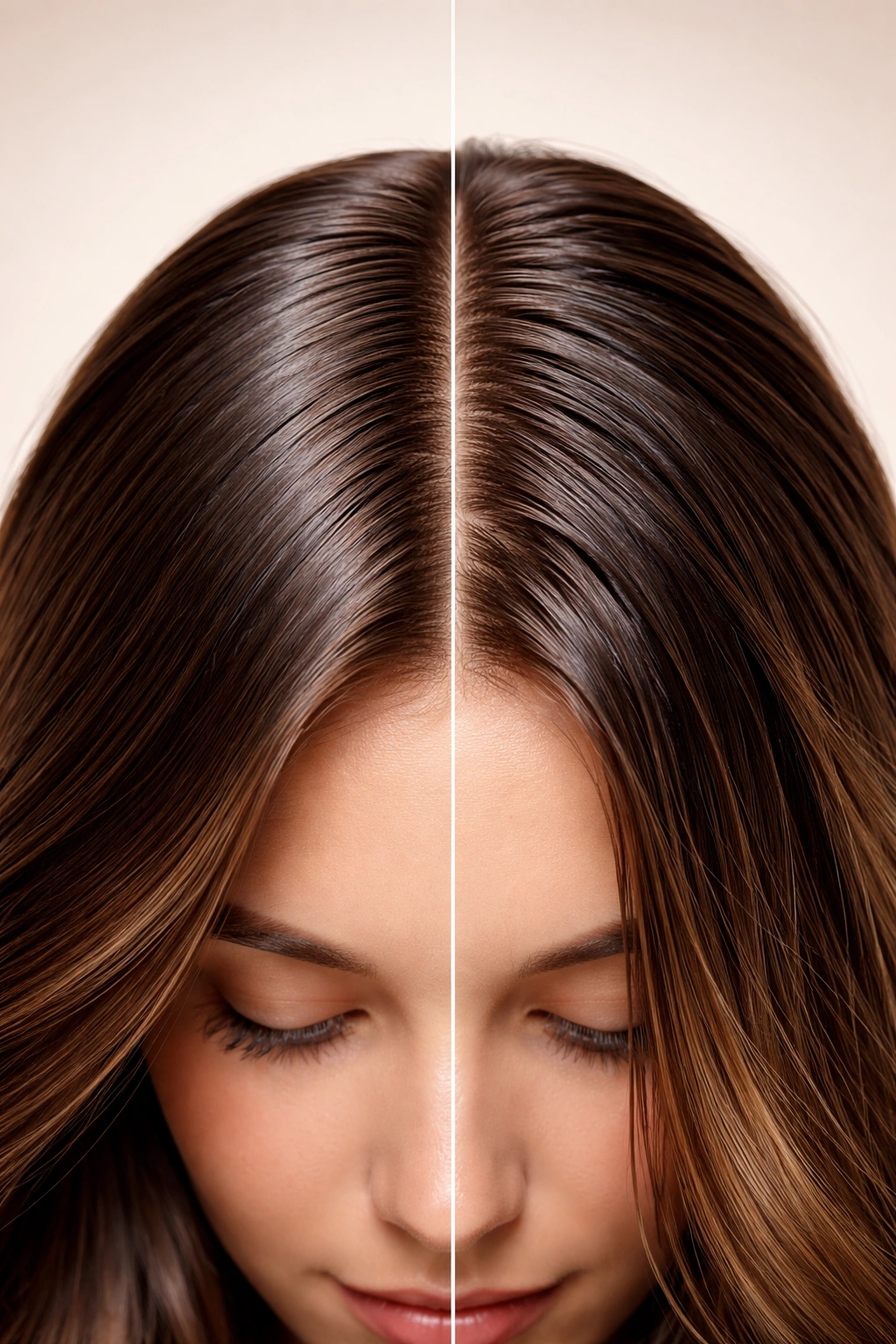 Close-up of hair showing smooth glossy side and greasy root side to indicate right vs wrong oiling signs