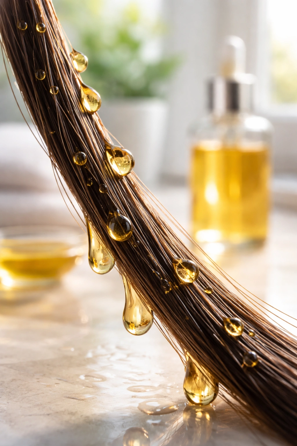 Close-up of glossy hair oil droplets on a hair strand with blurred oil bottle