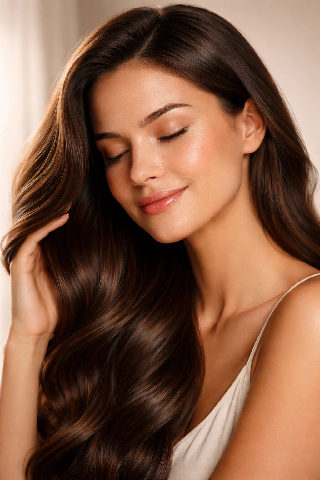 Calm portrait of a person with glossy hair in soft studio light