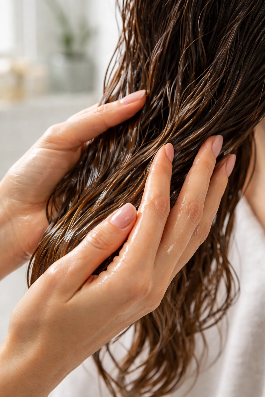 Close-up of hands applying hair oil to damp hair, illustrating final tips on timing and technique