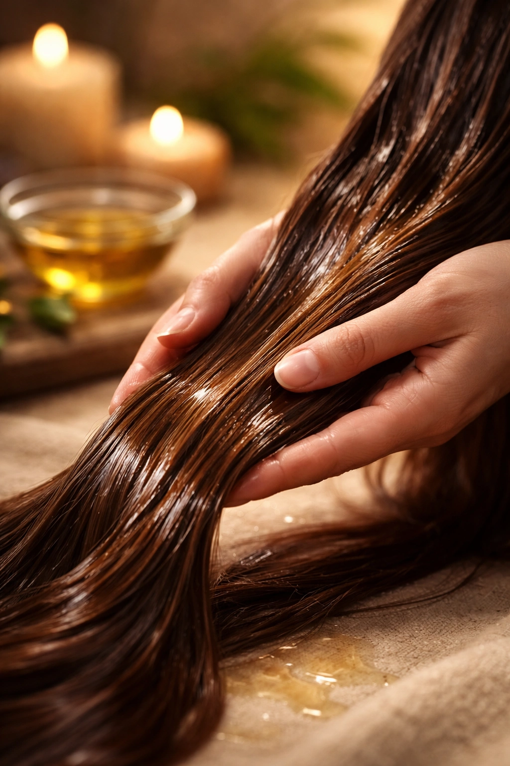 Hands applying warm hair oil to strands with a bowl of oil in background