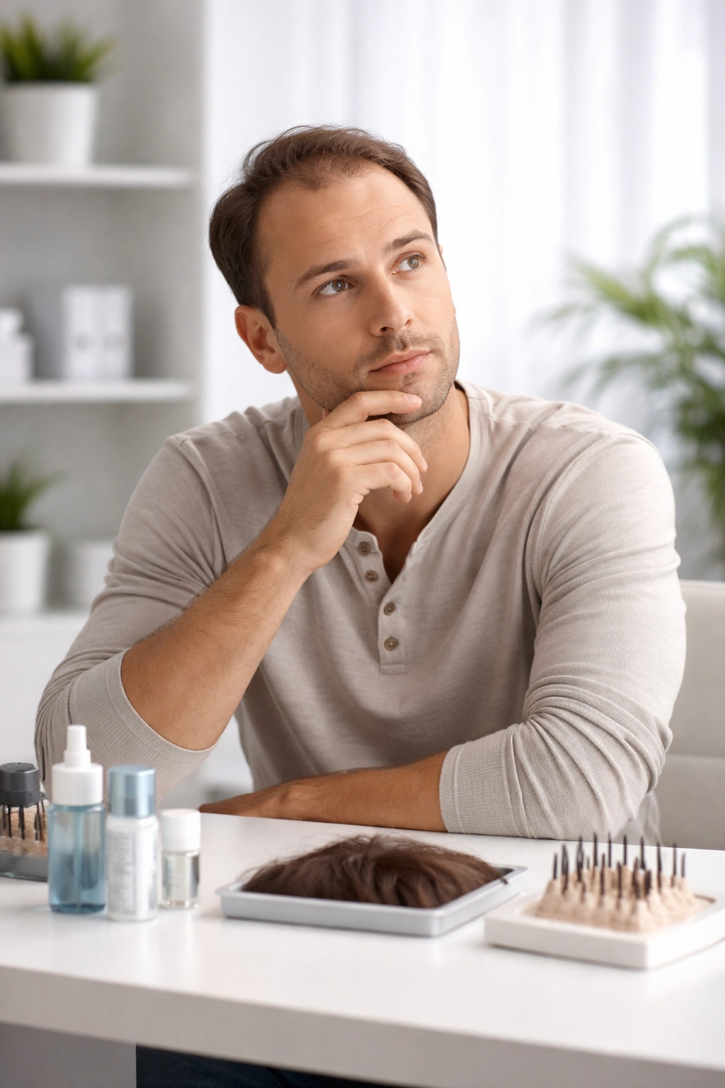Person considering hair options in a calm consult space