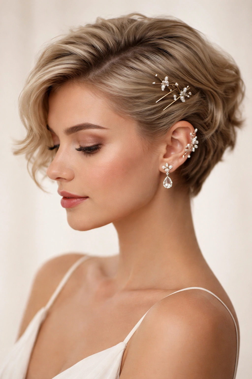 Short hair with elegant pins placed for sophistication